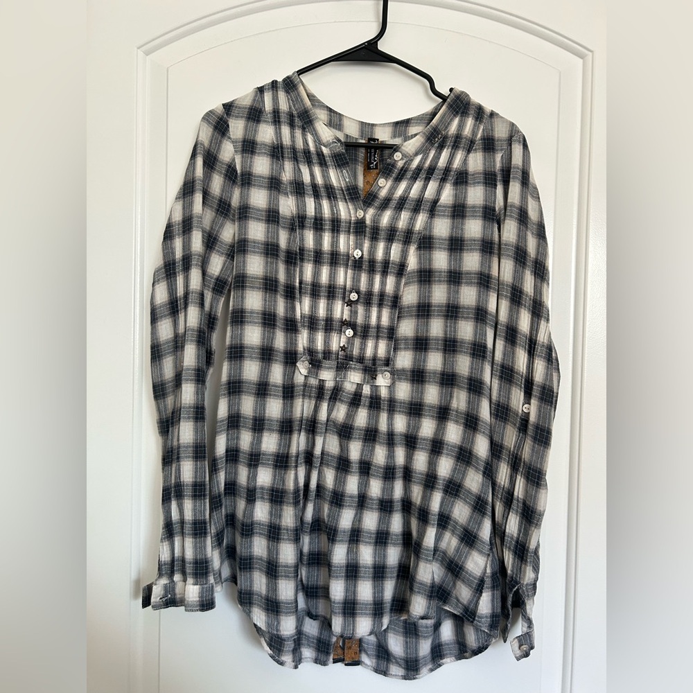 Free People Plaid Babydoll Button-Up Long Sleeve Shirt Size L boho cottagecore - Picture 2 of 11